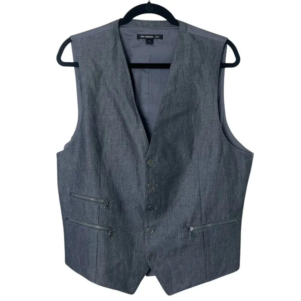 John Varvatos USA Waistcoat Vest Grey Zippered Pockets Linen Cotton Size 42
